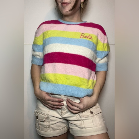 Wrangler Sweaters - Wrangler Barbie Fuzzy Striped Sweater Pastel Colorblock Short Sleeve Top XL